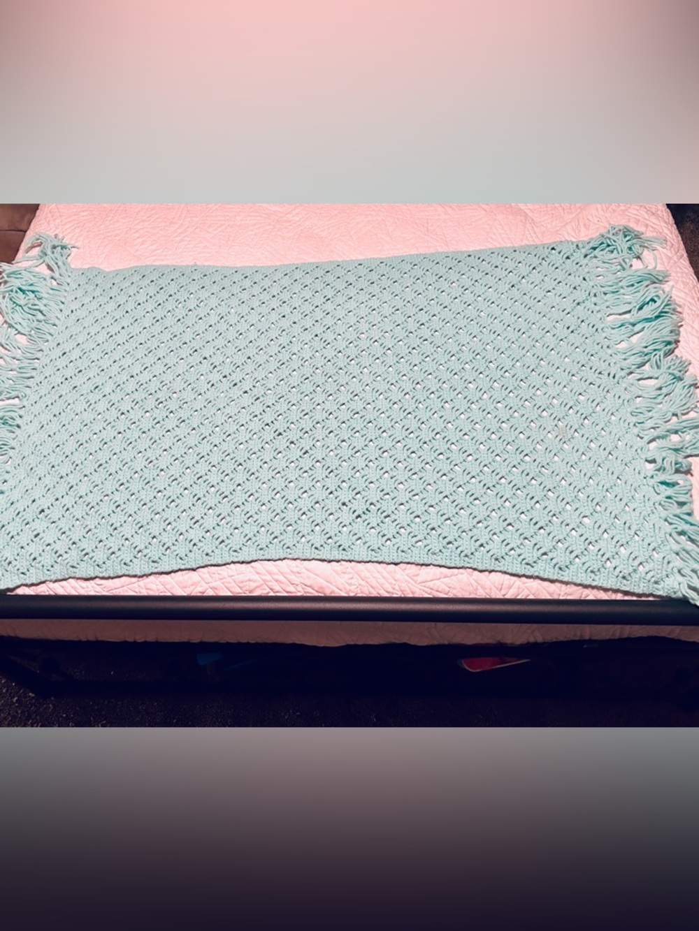 Handmade Teal Crochet Throw Blanket Afghan with Fringe - Picture 2 of 5